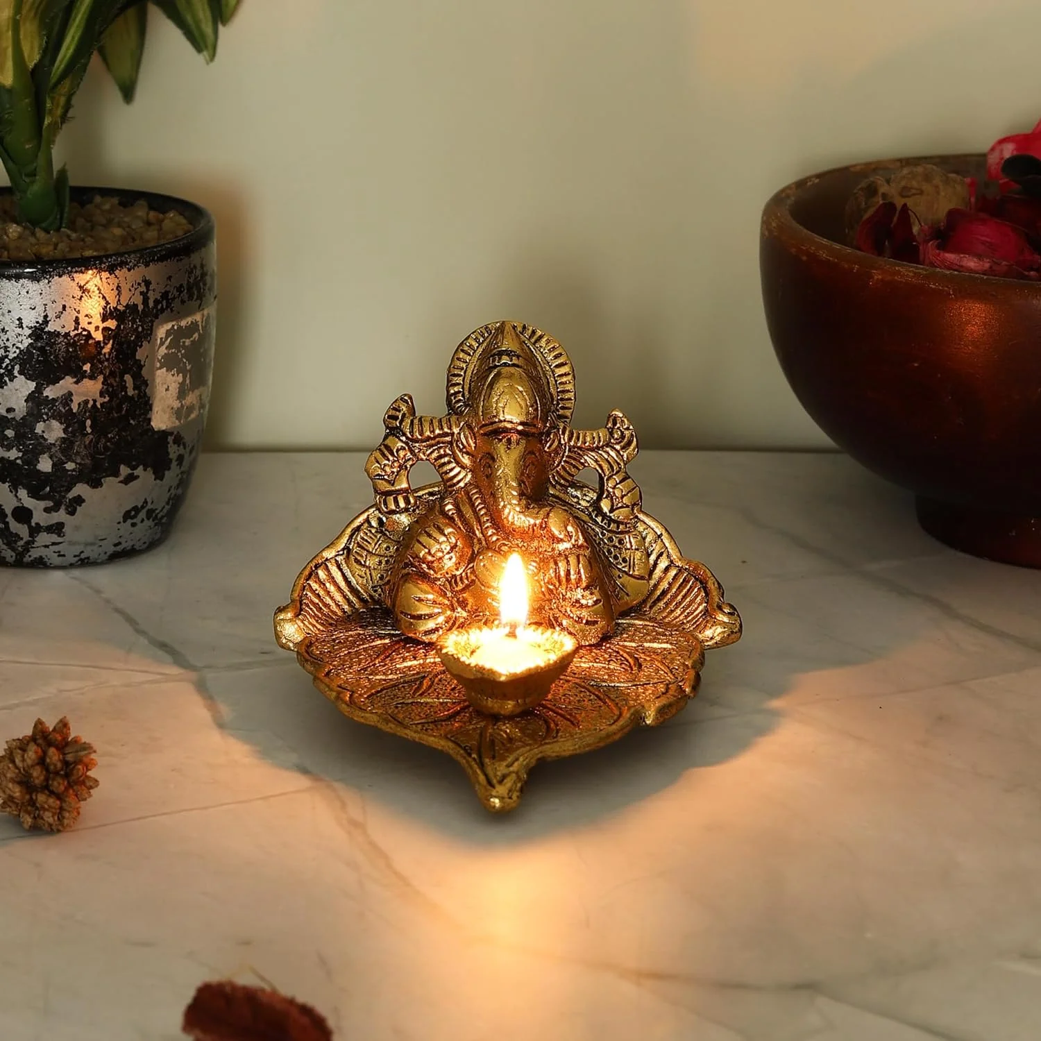 Antique Ganesh Idol on Leaf with Diya - Image 3