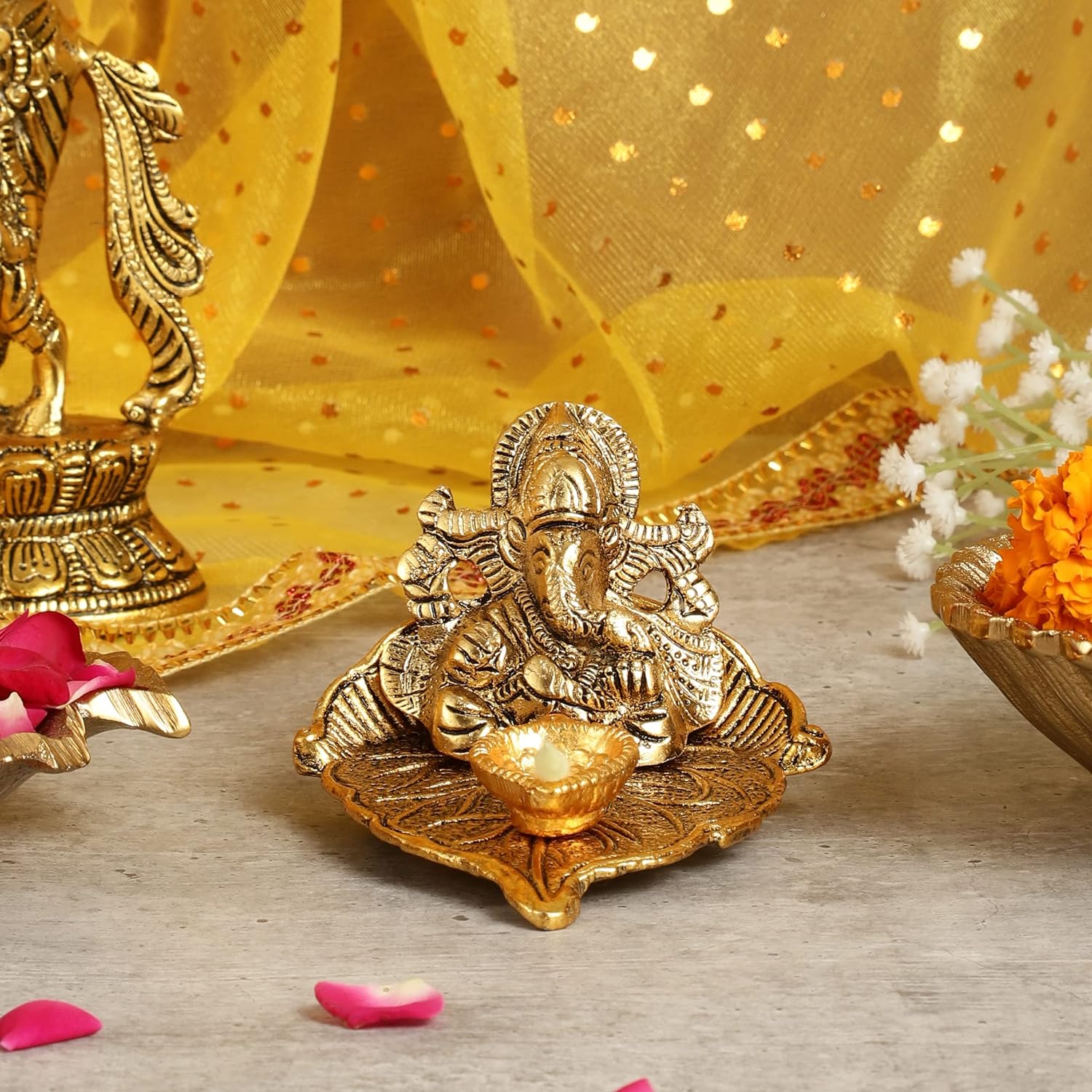 Antique Ganesh Idol on Leaf with Diya - Image 4