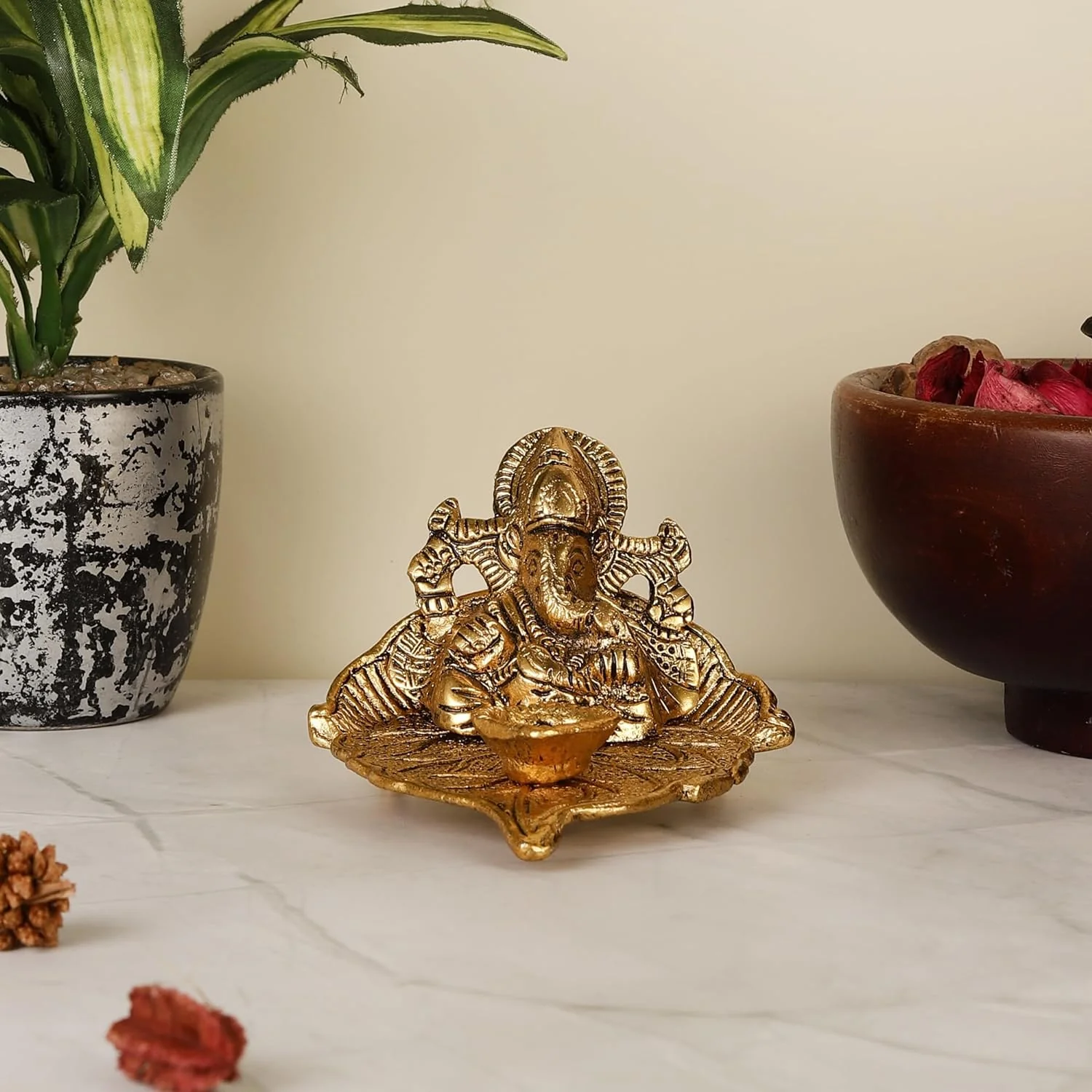 Antique Ganesh Idol on Leaf with Diya - Image 6